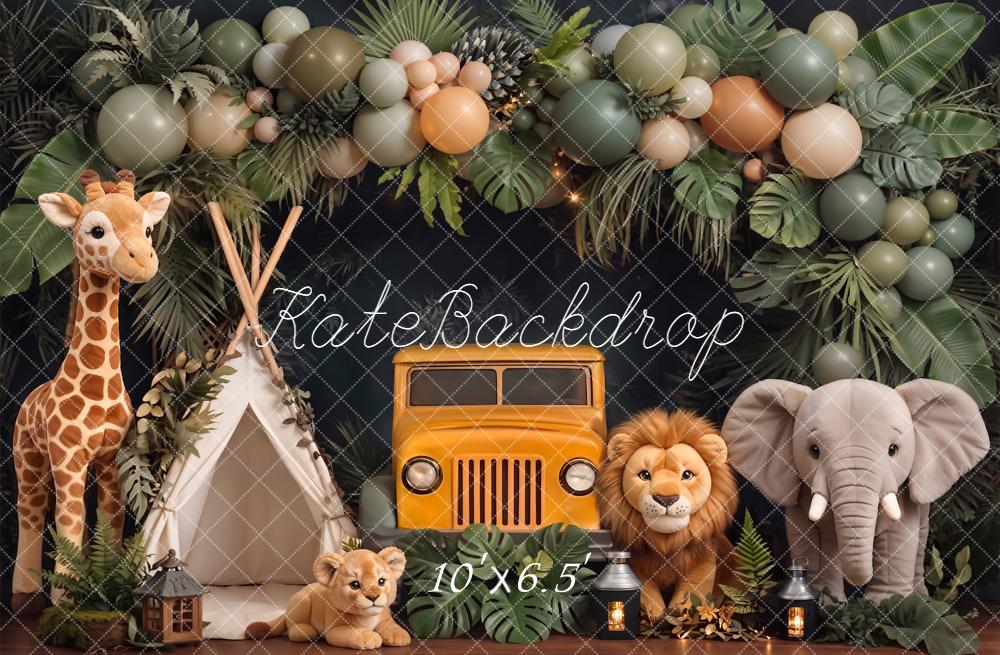 Kate Jungle Safari Jeep Animals Tent Balloons Fleece Backdrop Designed by Chain Photography - Image 2