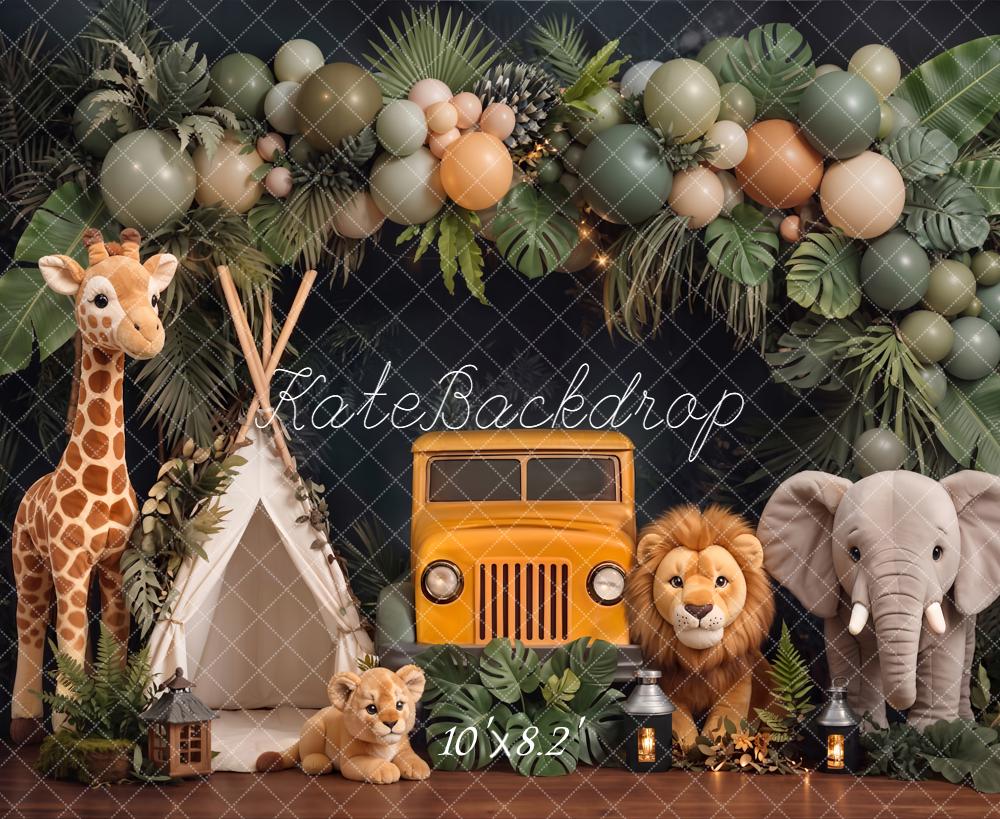 Kate Jungle Safari Jeep Animals Tent Balloons Fleece Backdrop Designed by Chain Photography - Image 3