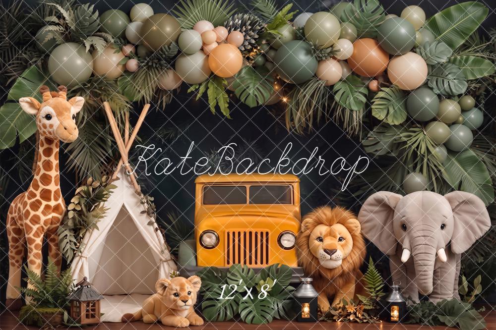 Kate Jungle Safari Jeep Animals Tent Balloons Fleece Backdrop Designed by Chain Photography - Image 4