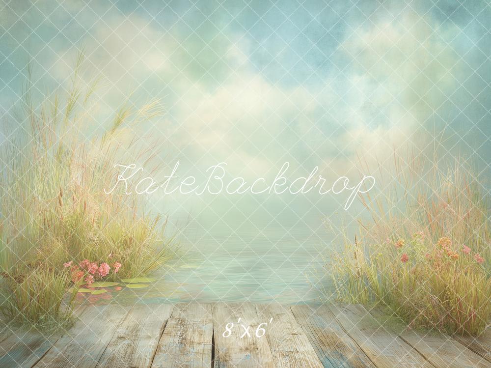 Kate Lake Wooden Planks Reeds Pastel Fleece Backdrop Designed by Angela Marie Photography