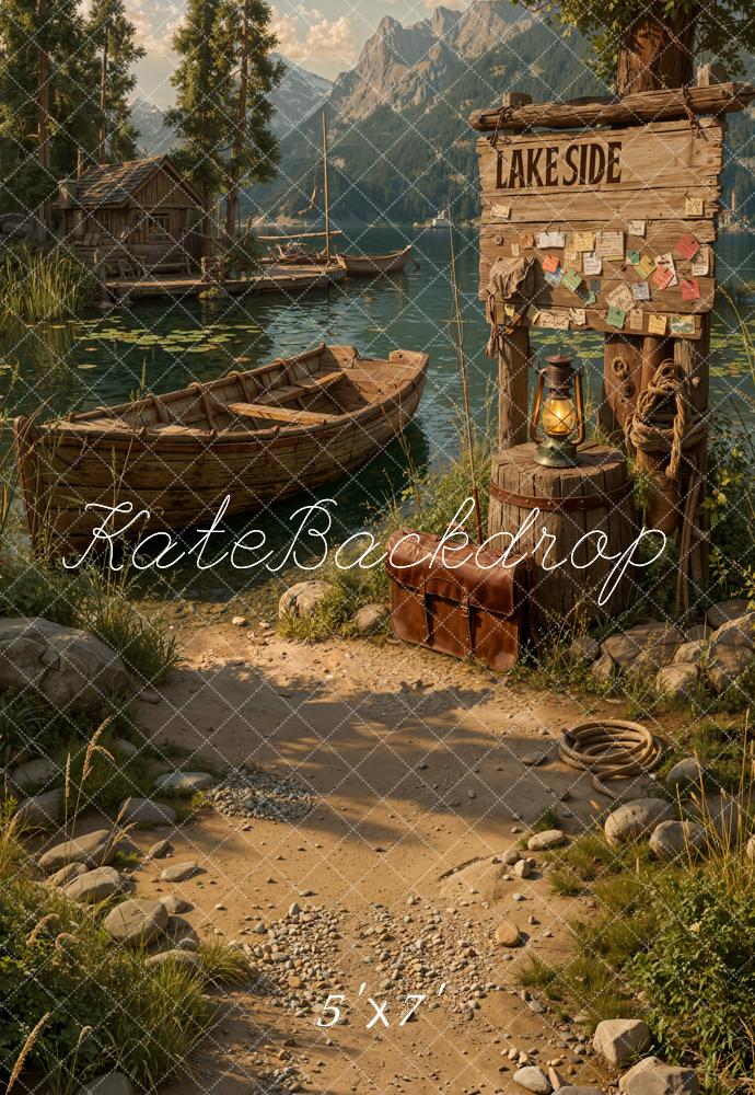 Kate Lakeside Boats Wooden Sign Mountains Backdrop Designed by Emetselch
