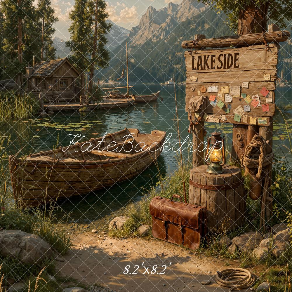 Kate Lakeside Boats Wooden Sign Mountains Backdrop Designed by Emetselch - Image 5
