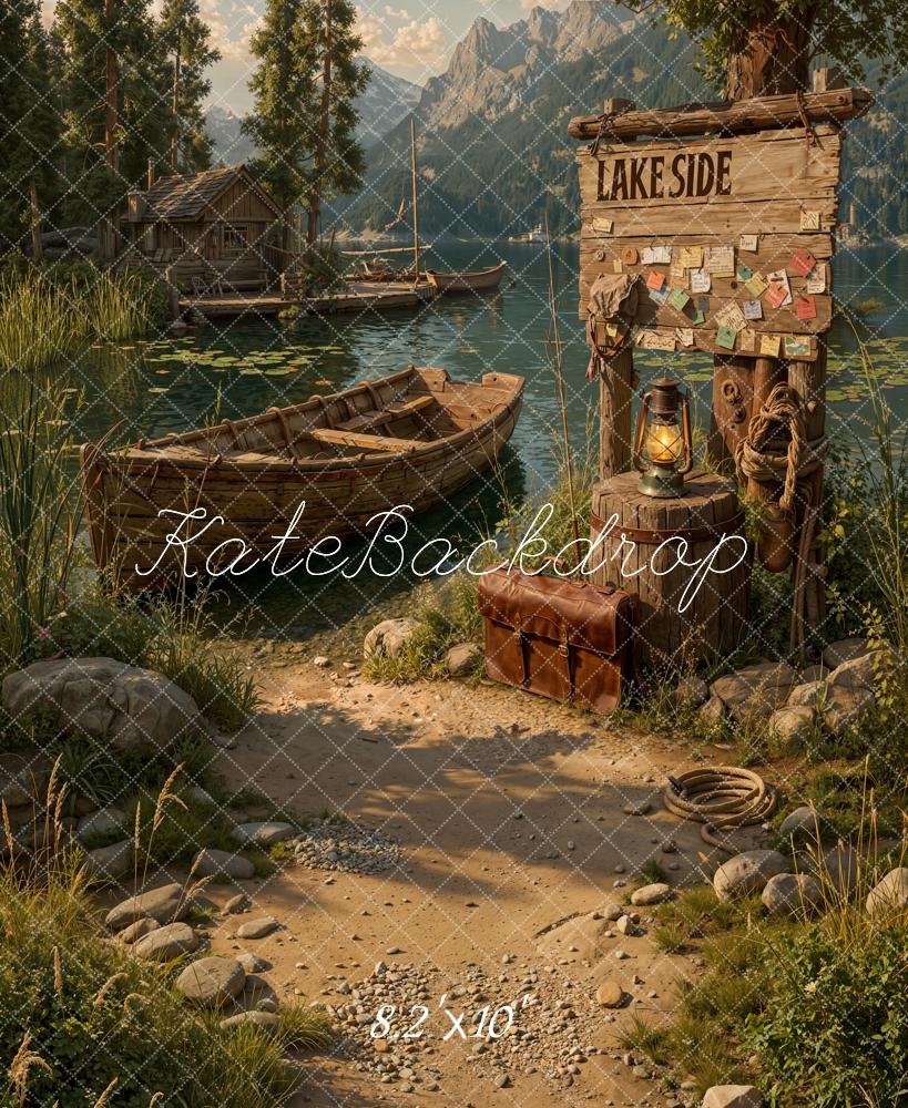 Kate Lakeside Boats Wooden Sign Mountains Backdrop Designed by Emetselch - Image 6