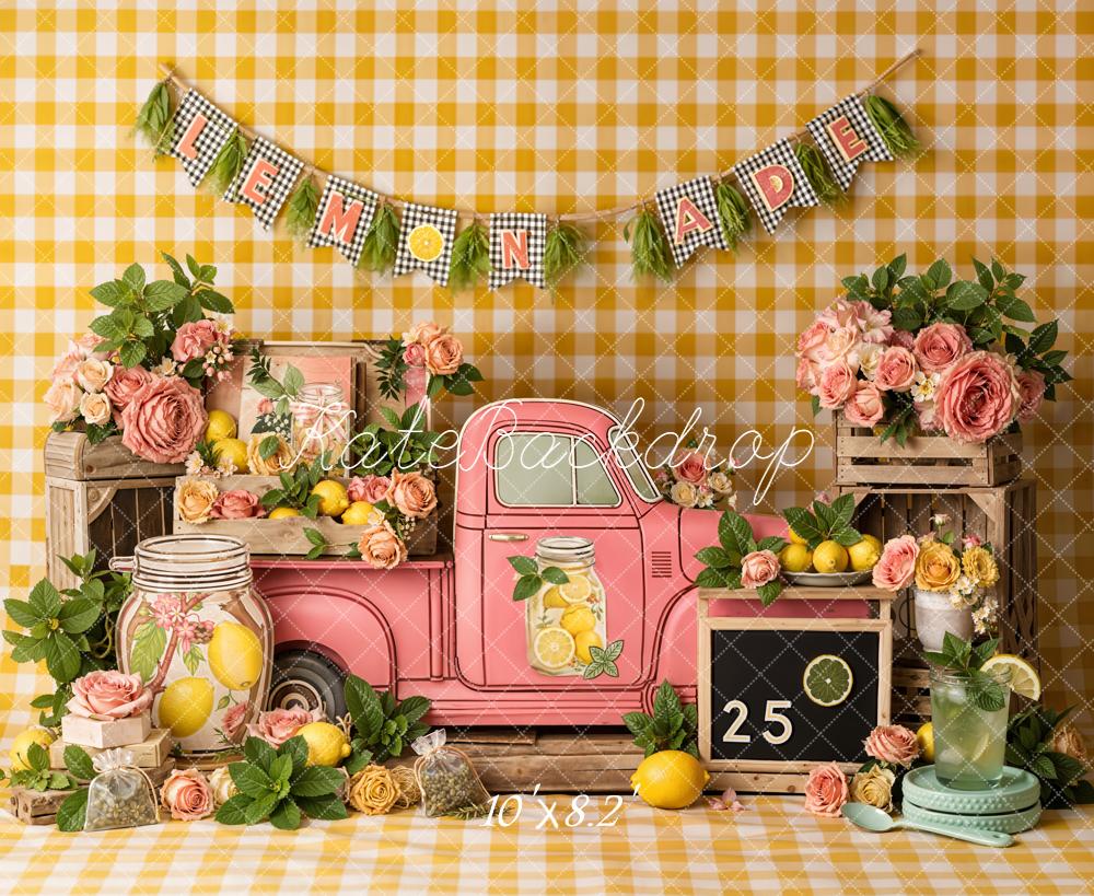 Kate Lemonade Stand Pink Truck Flowers Fleece Backdrop Designed by Emetselch - Image 3