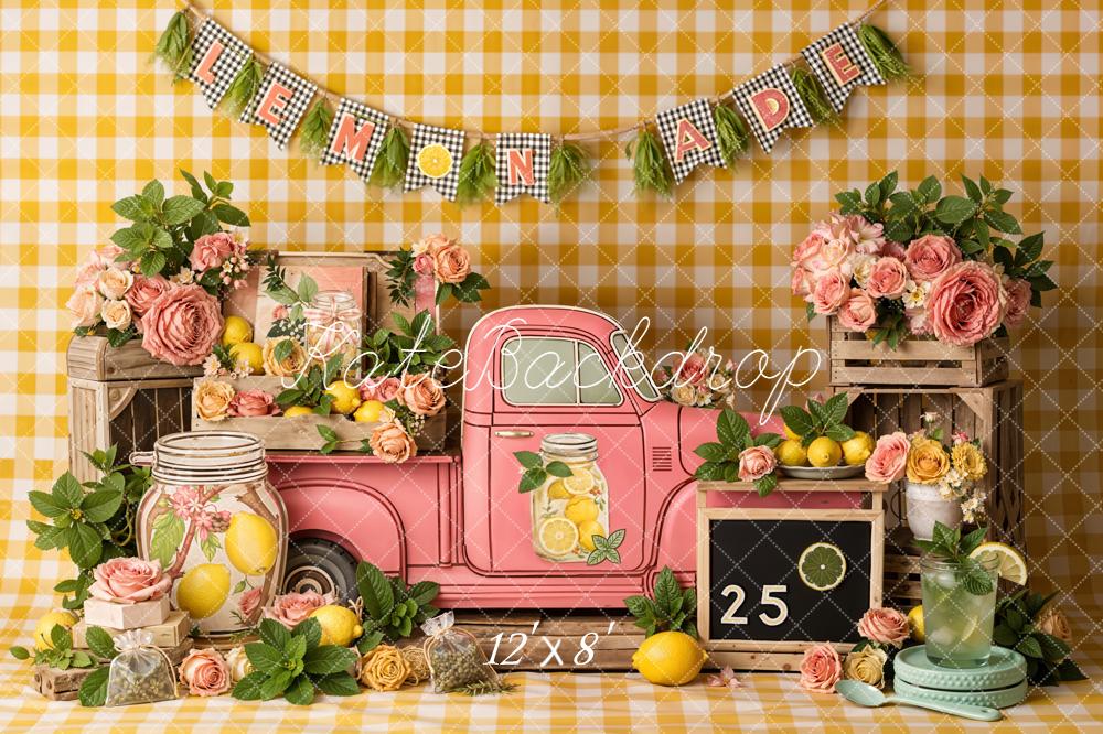 Kate Lemonade Stand Pink Truck Flowers Fleece Backdrop Designed by Emetselch - Image 4