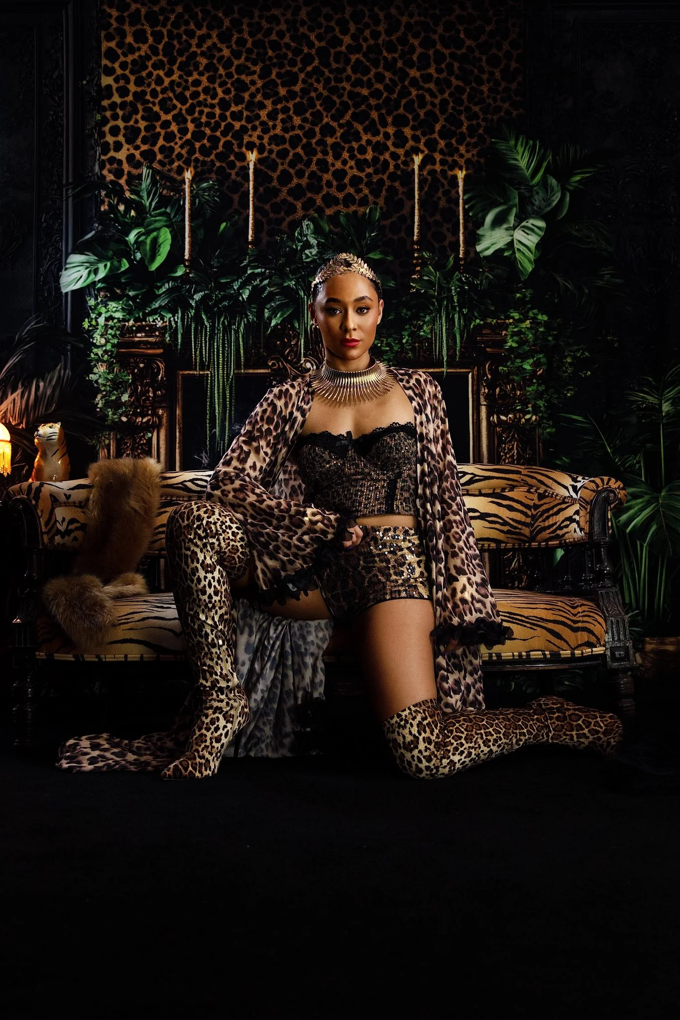 Kate Leopard Fireplace Greenery Black Wall Backdrop Designed by Ashley Paul