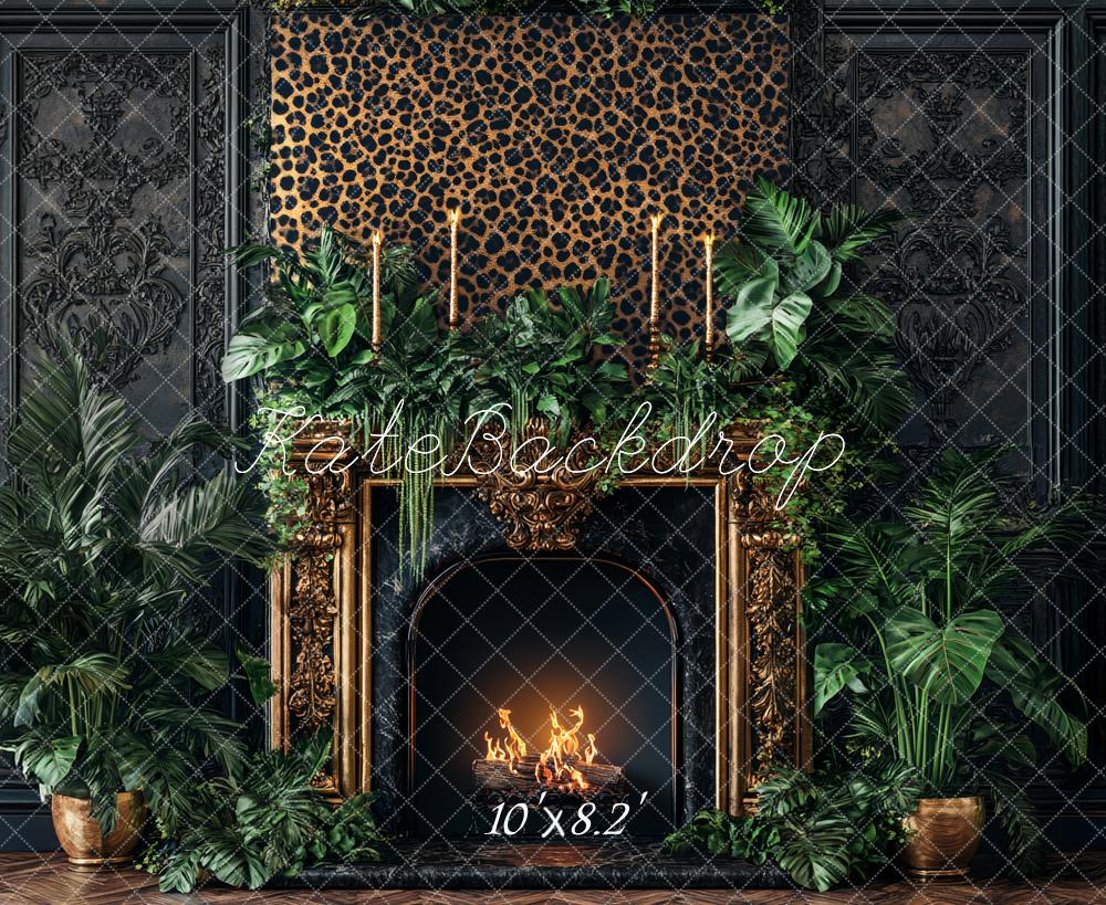 Kate Leopard Fireplace Greenery Black Wall Backdrop Designed by Ashley Paul - Image 10