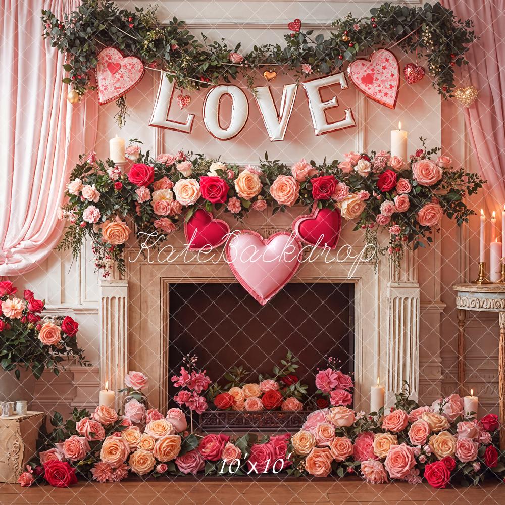 Kate Valentine Love Fireplace Roses Garland Backdrop Designed by Emetselch - Image 7