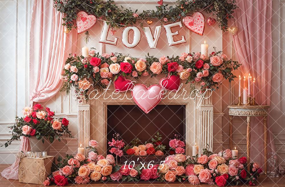 Kate Love Hearts Roses Fireplace Fleece Backdrop Designed by Emetselch - Image 2