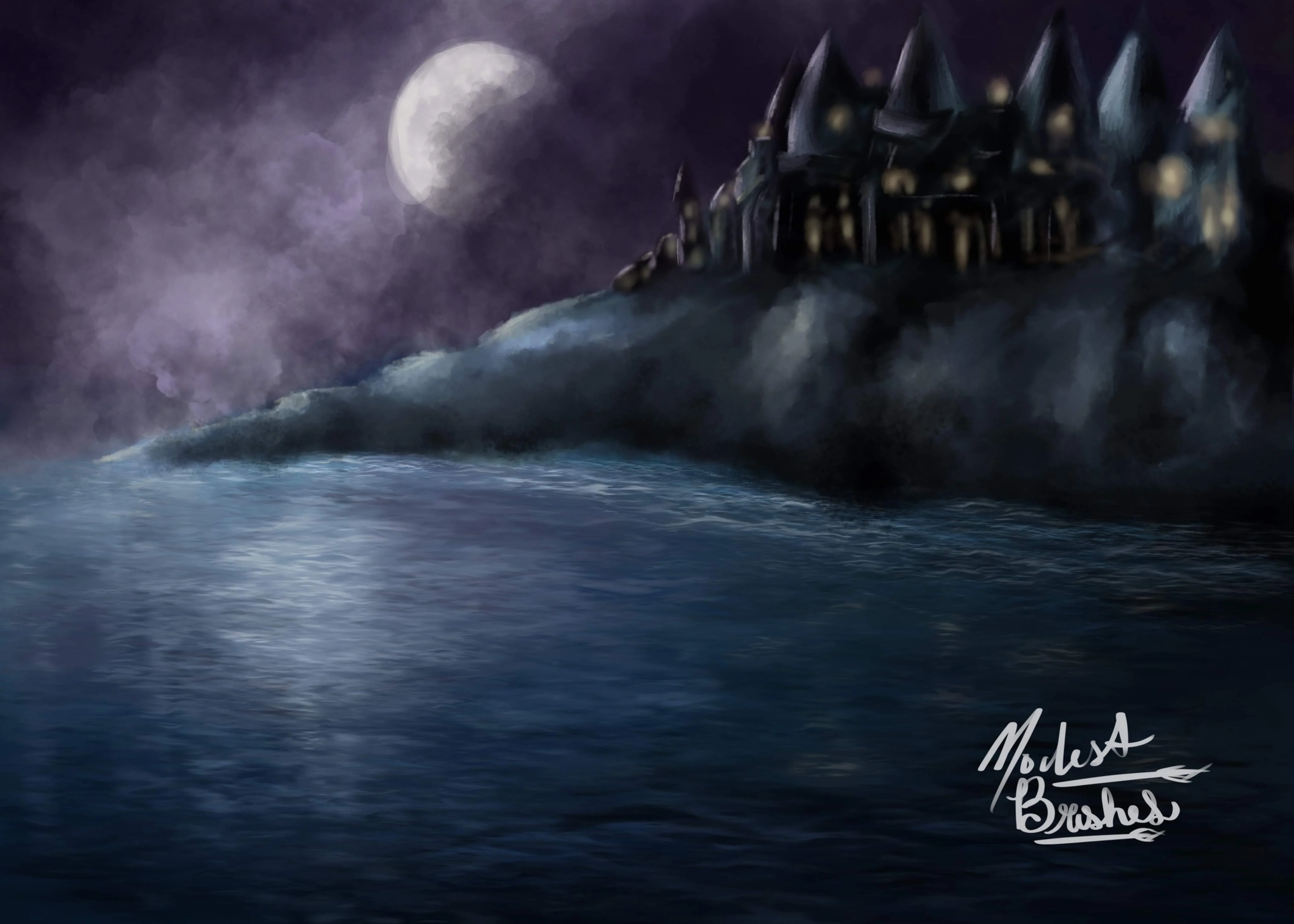 Kate Magic Moonlit Castle Lake Backdrop Designed by Modest Brushes