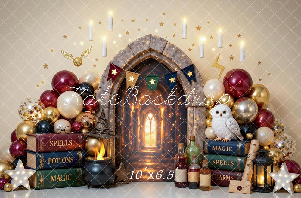 Kate Magic Wizard Candles Balloons Owl Arched Doorway Backdrop Designed by Mini MakeBelieve - Image 4