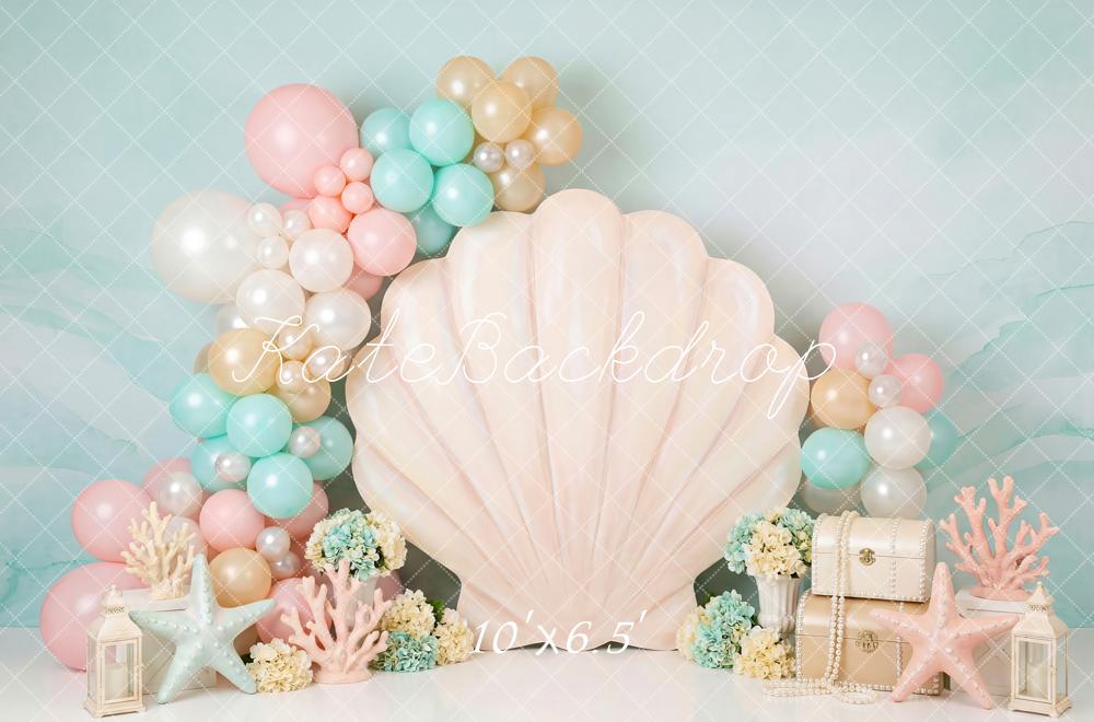 Kate Mermaid Seashell Balloons Coral Pastel Backdrop Designed by Patty Robert - Image 4