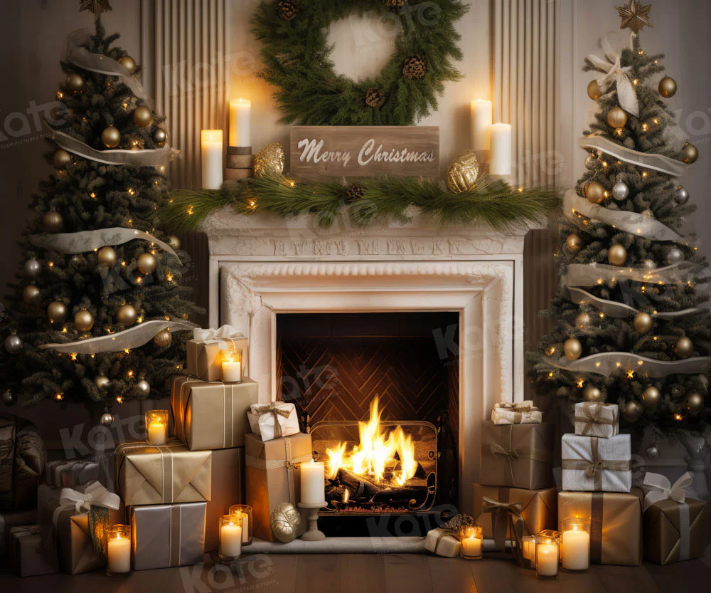 Kate Merry Christmas Fireplace Gift Tree Backdrop Designed by Emetselch - Image 4