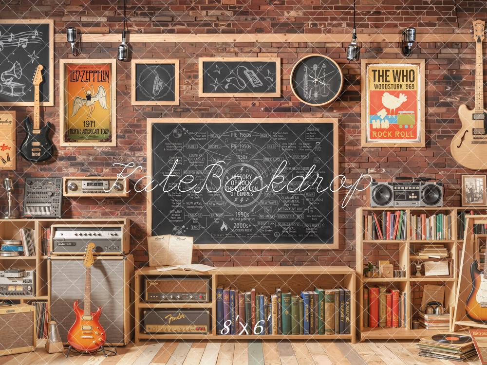 Kate Music Classroom Brick Wall Chalkboard Guitars Fleece Backdrop Designed by Emetselch