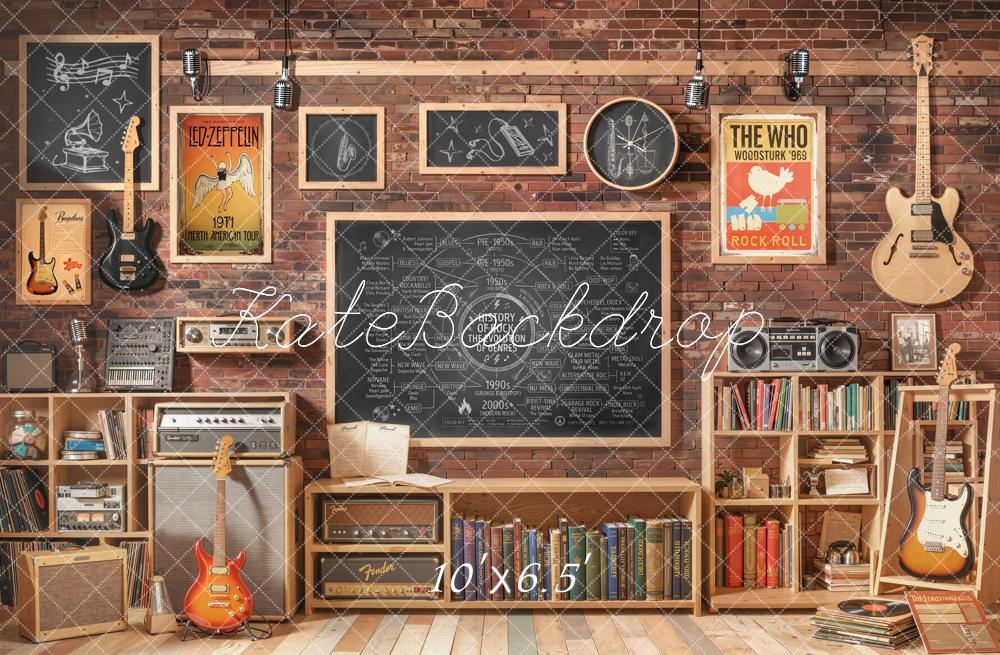 Kate Music Classroom Brick Wall Chalkboard Guitars Fleece Backdrop Designed by Emetselch - Image 2