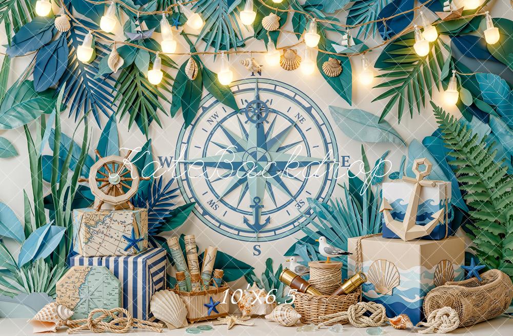 Kate Nautical Compass Anchor Tropical Leaves Fleece Backdrop Designed by Emetselch - Image 2