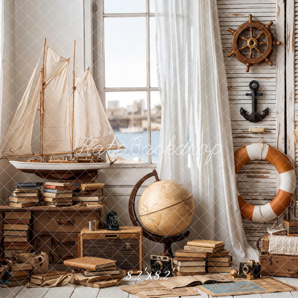 Kate Nautical Sailboat Lifebuoy Globe Vintage Backdrop Designed by Emetselch - Image 5