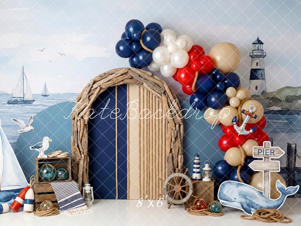 Kate Nautical Sailboats Lighthouse Balloons Fleece Backdrop Designed by Patty Robert