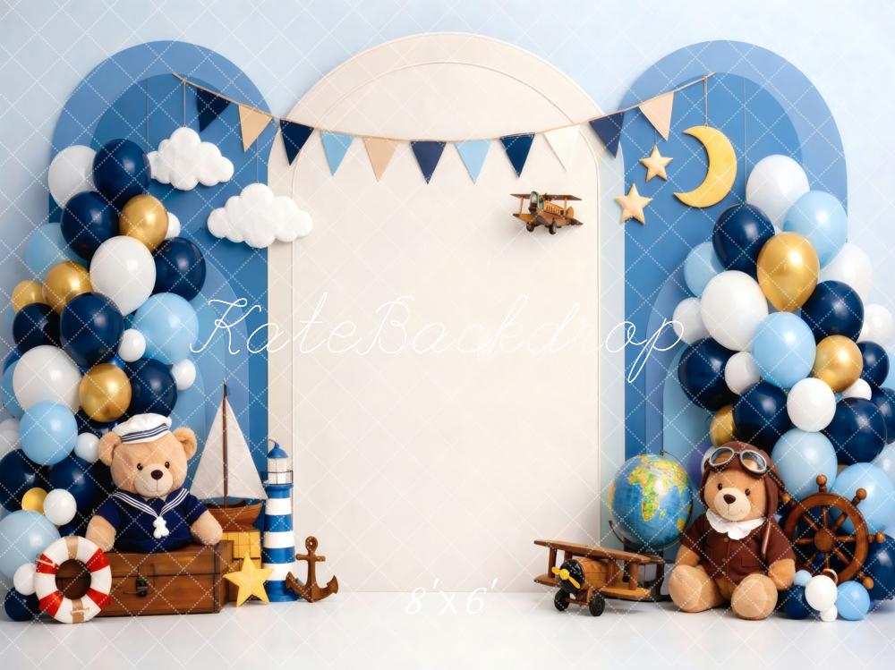 Kate Nautical Teddy Bears Aeroplane Balloons Fleece Backdrop Designed by Vertigo Productions
