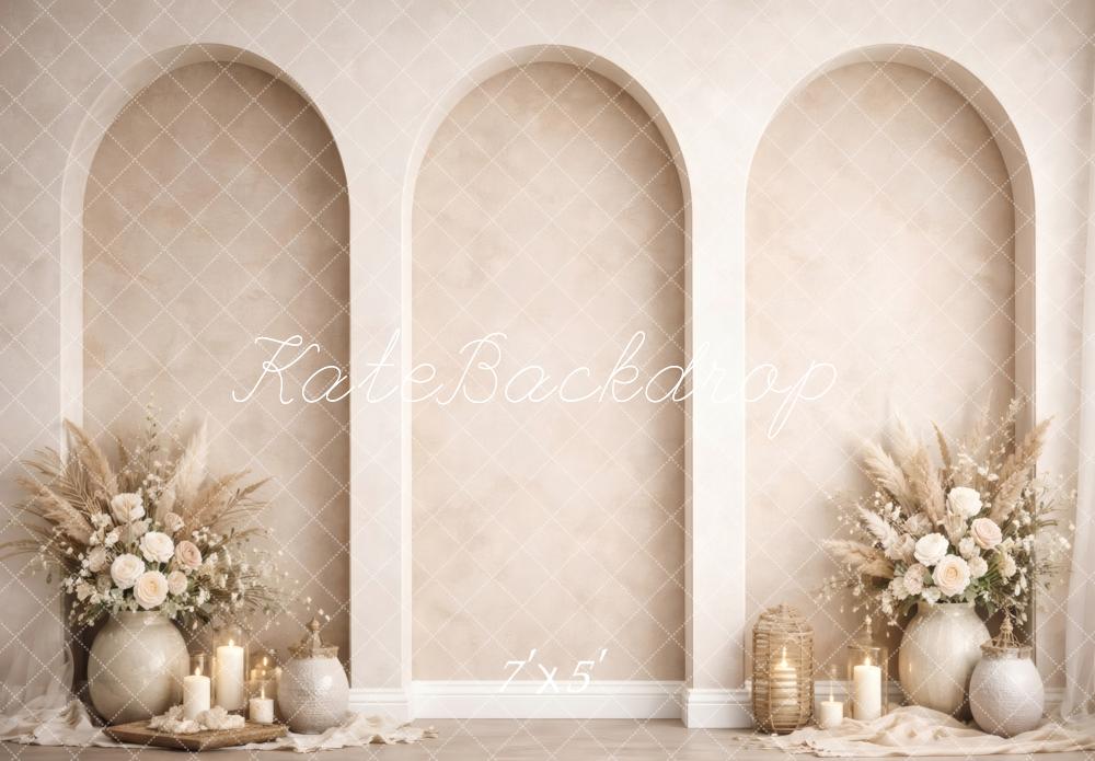Kate Neutral Arched Pampas Bouquet Candles Boho Backdrop Designed by Vertigo Productions