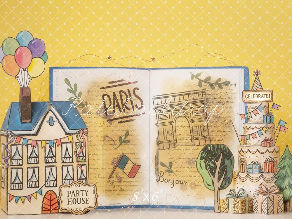 Kate Paris Book Party House Cake Balloons Fleece Backdrop Designed by Emetselch