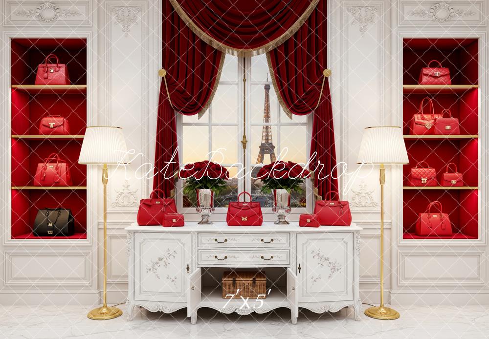 Kate Paris Handbags Red Shelves White Drawer Backdrop Designed by Patty Robert