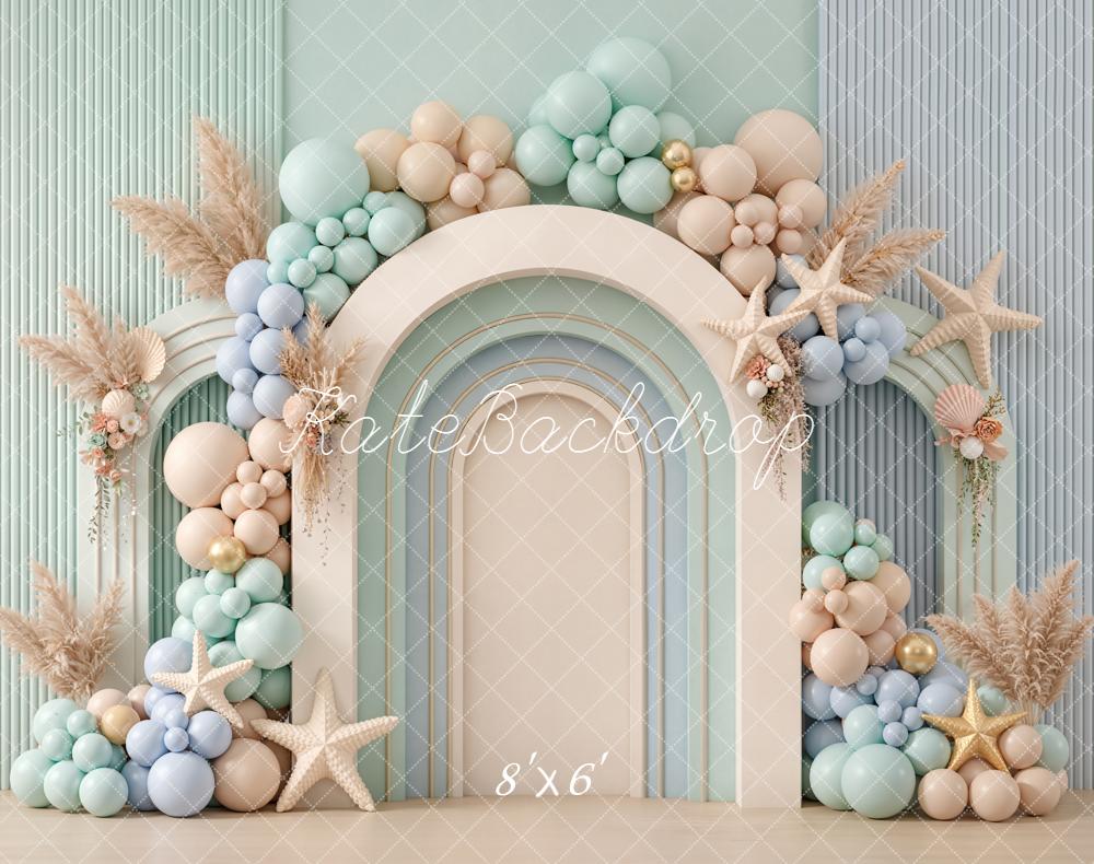 Kate Pastel Arch Balloons Pampas Starfish Fleece Backdrop Designed by Emetselch