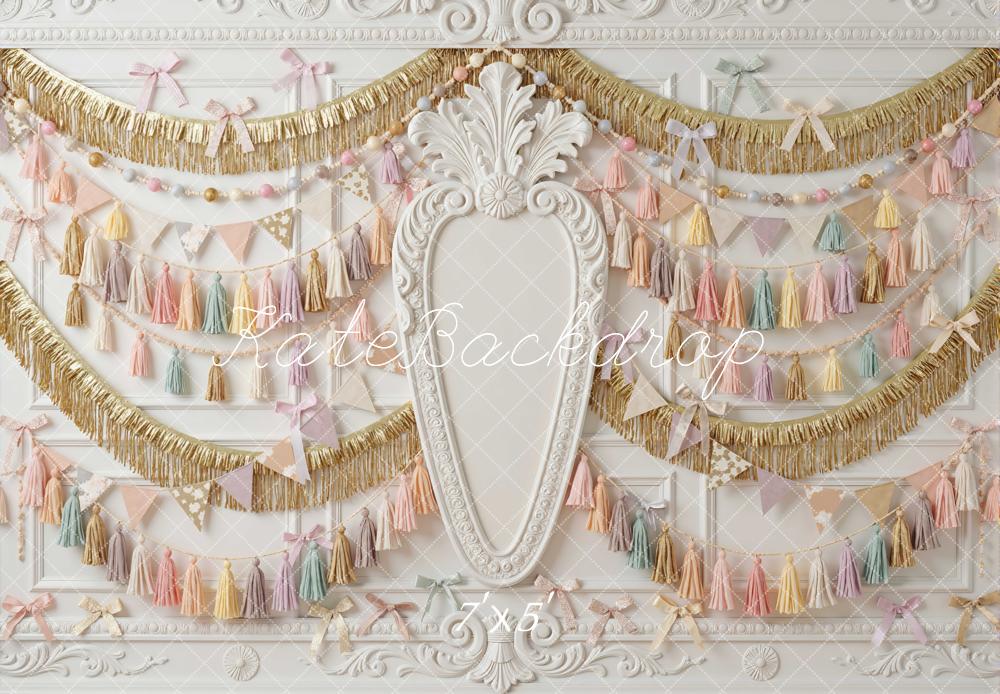 Kate Pastel Tassel Garland Gold Trim Backdrop Designed by Mini MakeBelieve
