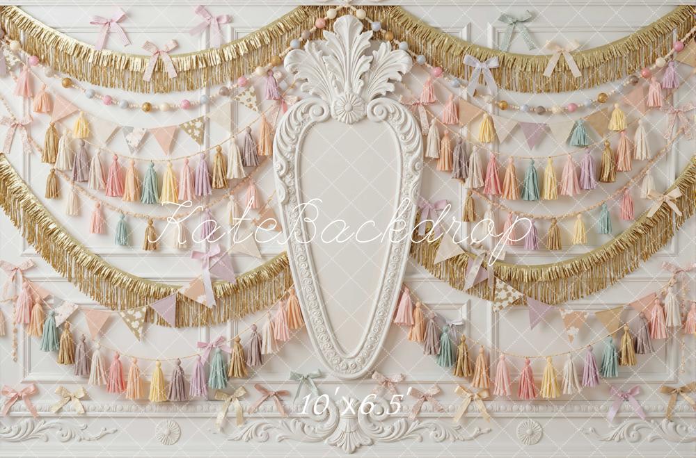 Kate Pastel Tassel Garland Gold Trim Backdrop Designed by Mini MakeBelieve - Image 4