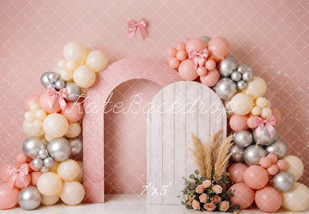 Kate Pink Arch Balloons White Door Floral Backdrop Designed by Patty Robert