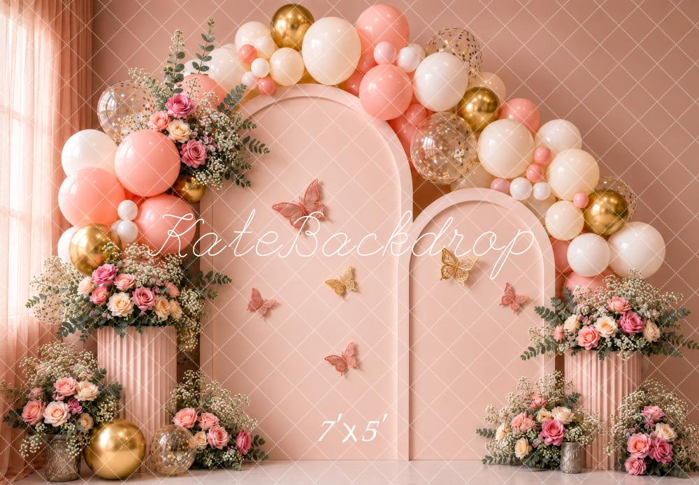 Kate Blush Pink Butterfly Floral Balloon Cake Smash Backdrop Designed by shutter swan
