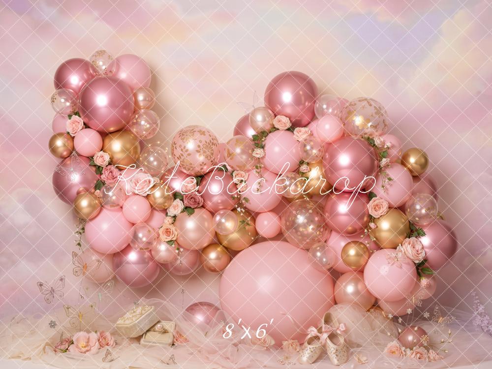 Kate Pink Balloon Garland Butterflies Fleece Backdrop Designed by Emetselch