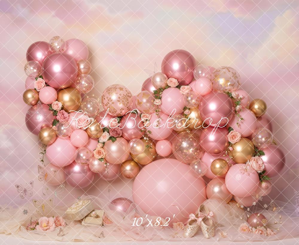 Kate Pink Balloon Garland Butterflies Fleece Backdrop Designed by Emetselch - Image 3