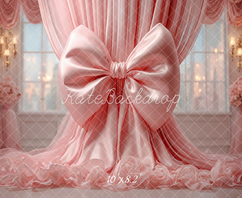 Kate Pink Bow Curtain Floral Fleece Backdrop Designed by Emetselch - Image 3