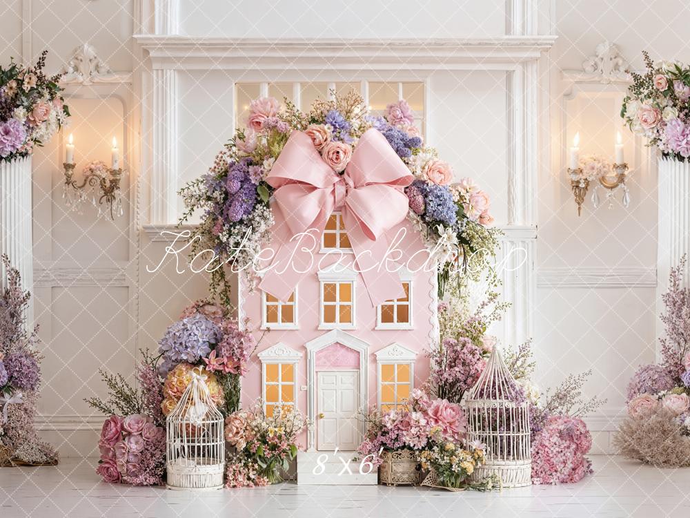 Kate Pink Dollhouse Floral Birdcages Fleece Backdrop Designed by Emetselch