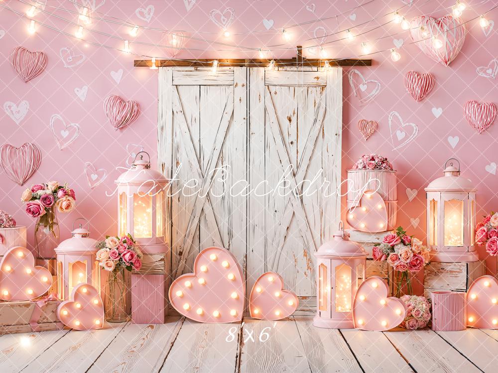 Kate Valentine Pink Hearts Lanterns Door Fleece Backdrop Designed by Emetselch