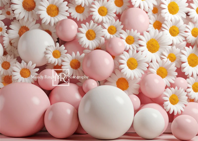 Kate Pink White Balloon Daisies Wall Backdrop Designed by Mandy Ringe Photography