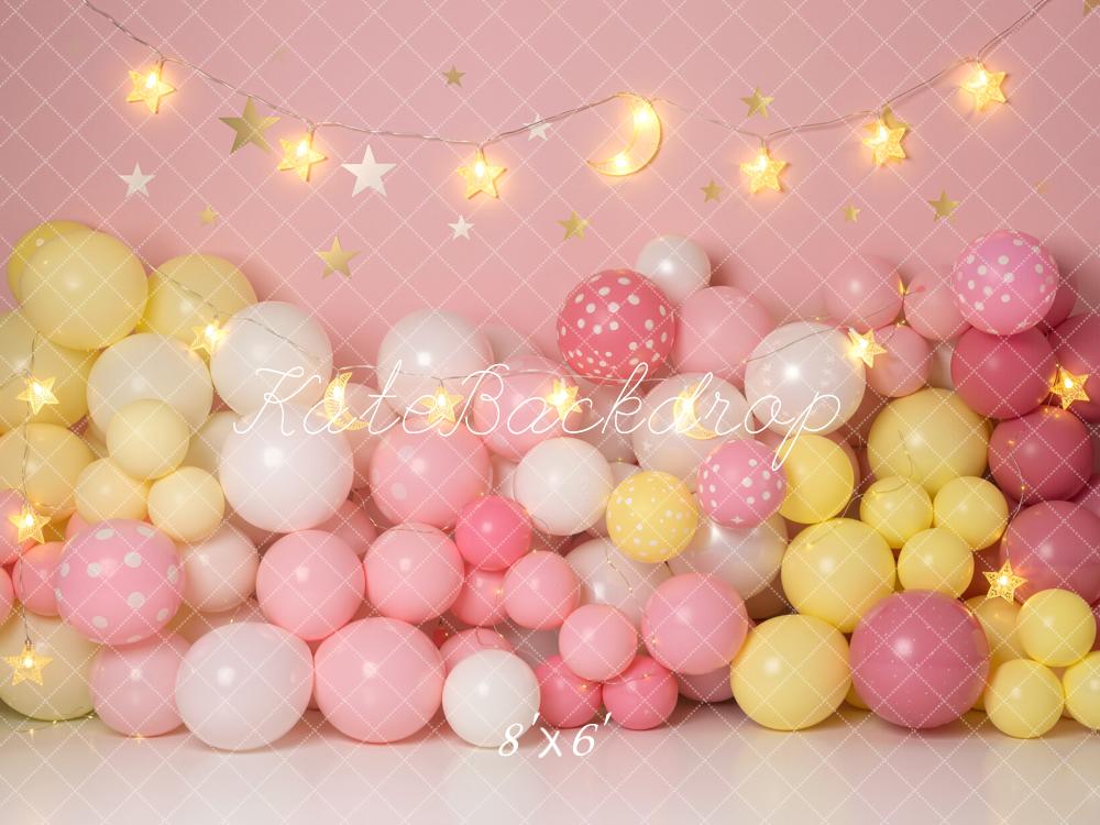 Kate Pink Yellow Balloons Moon Stars Fleece Backdrop Designed by Emetselch
