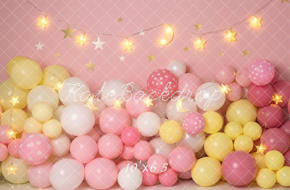 Kate Pink Yellow Balloons Moon Stars Fleece Backdrop Designed by Emetselch - Image 2