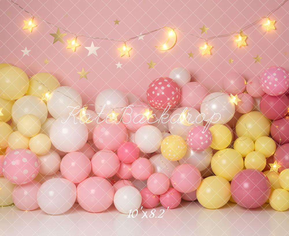Kate Pink Yellow Balloons Moon Stars Fleece Backdrop Designed by Emetselch - Image 3