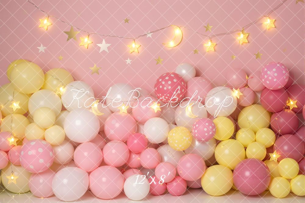 Kate Pink Yellow Balloons Moon Stars Fleece Backdrop Designed by Emetselch - Image 4