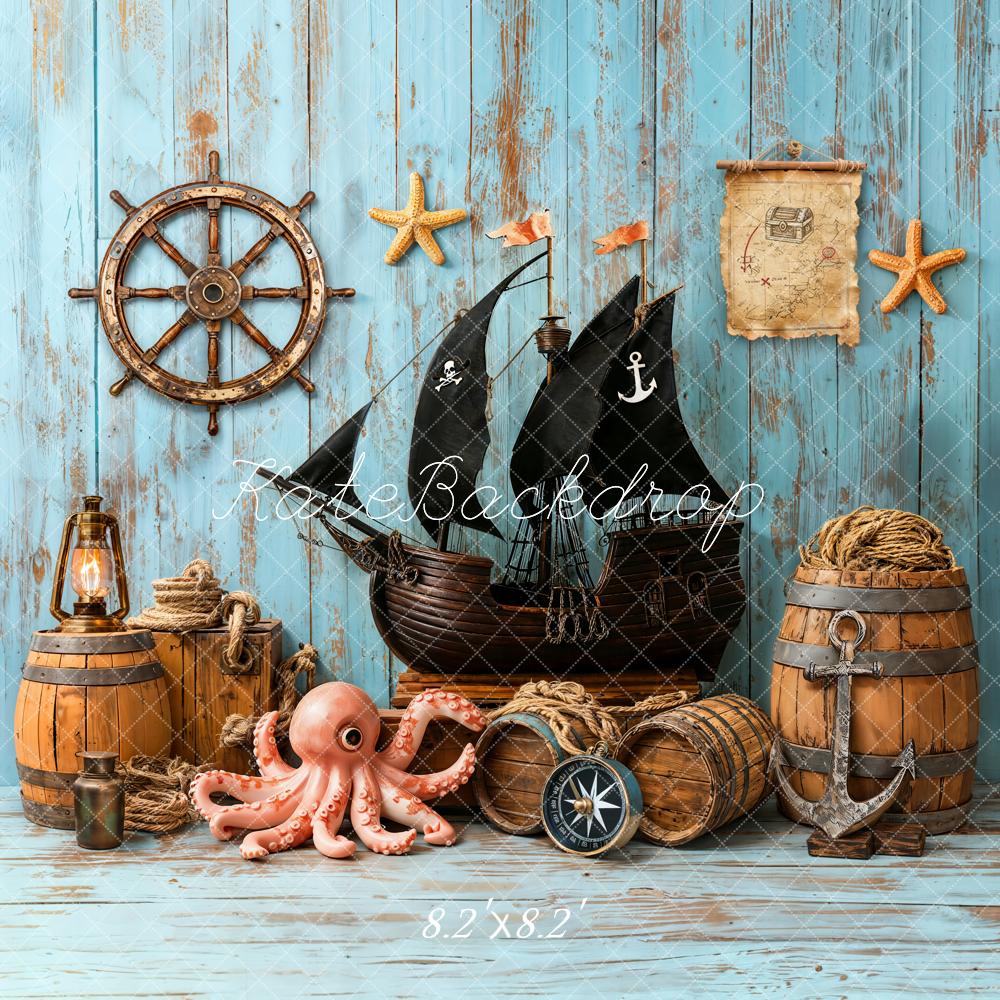 Kate Pirate Ship Helm Treasure Map Nautical Blue Backdrop Designed by Emetselch - Image 5