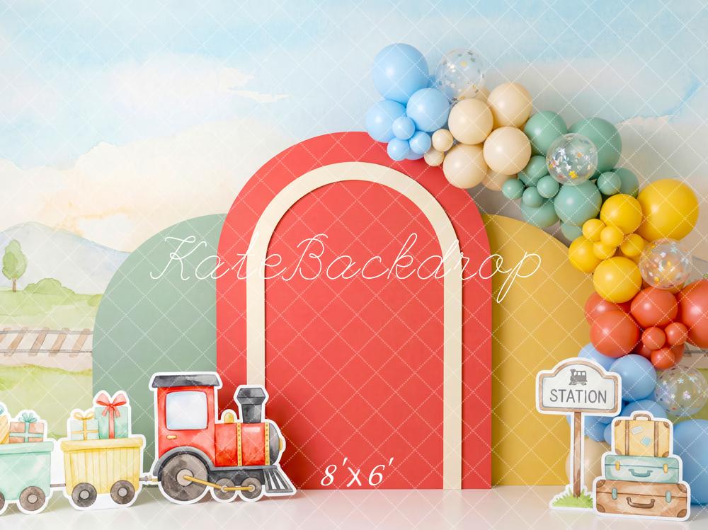 Kate Polar Train Balloons Station Arch Fleece Backdrop Designed by Patty Robert