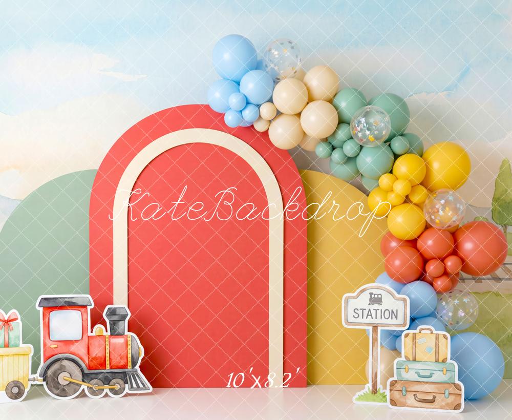 Kate Polar Train Balloons Station Arch Fleece Backdrop Designed by Patty Robert - Image 3