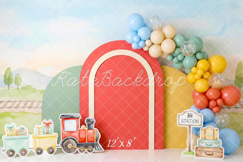 Kate Polar Train Balloons Station Arch Fleece Backdrop Designed by Patty Robert - Image 4