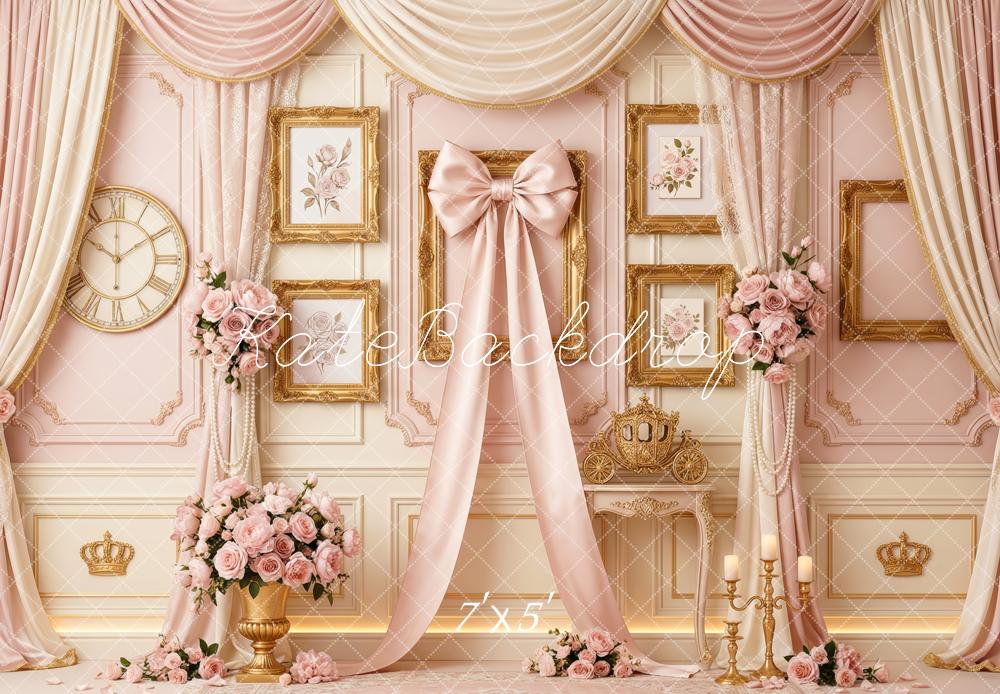 Kate Princess Pink Bow Roses Gold Accents Backdrop Designed by Patty Robert