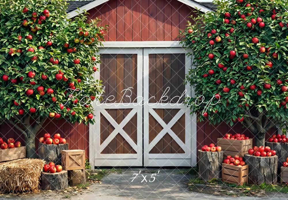 Kate Red Barn Apple Trees Crates Backdrop Designed by Mini MakeBelieve