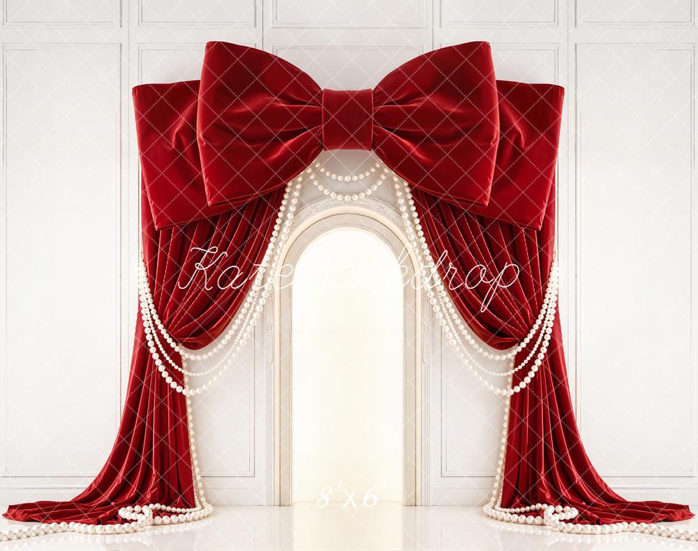 Kate Red Bow Drapes Pearls Fleece Backdrop Designed by Emetselch
