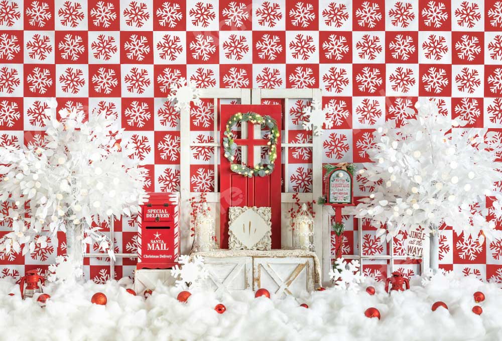 Kate Red Christmas Snow Winter Checkered Backdrop Designed by Emetselch
