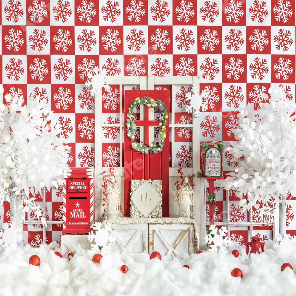 Kate Red Christmas Snow Winter Checkered Backdrop Designed by Emetselch - Image 2